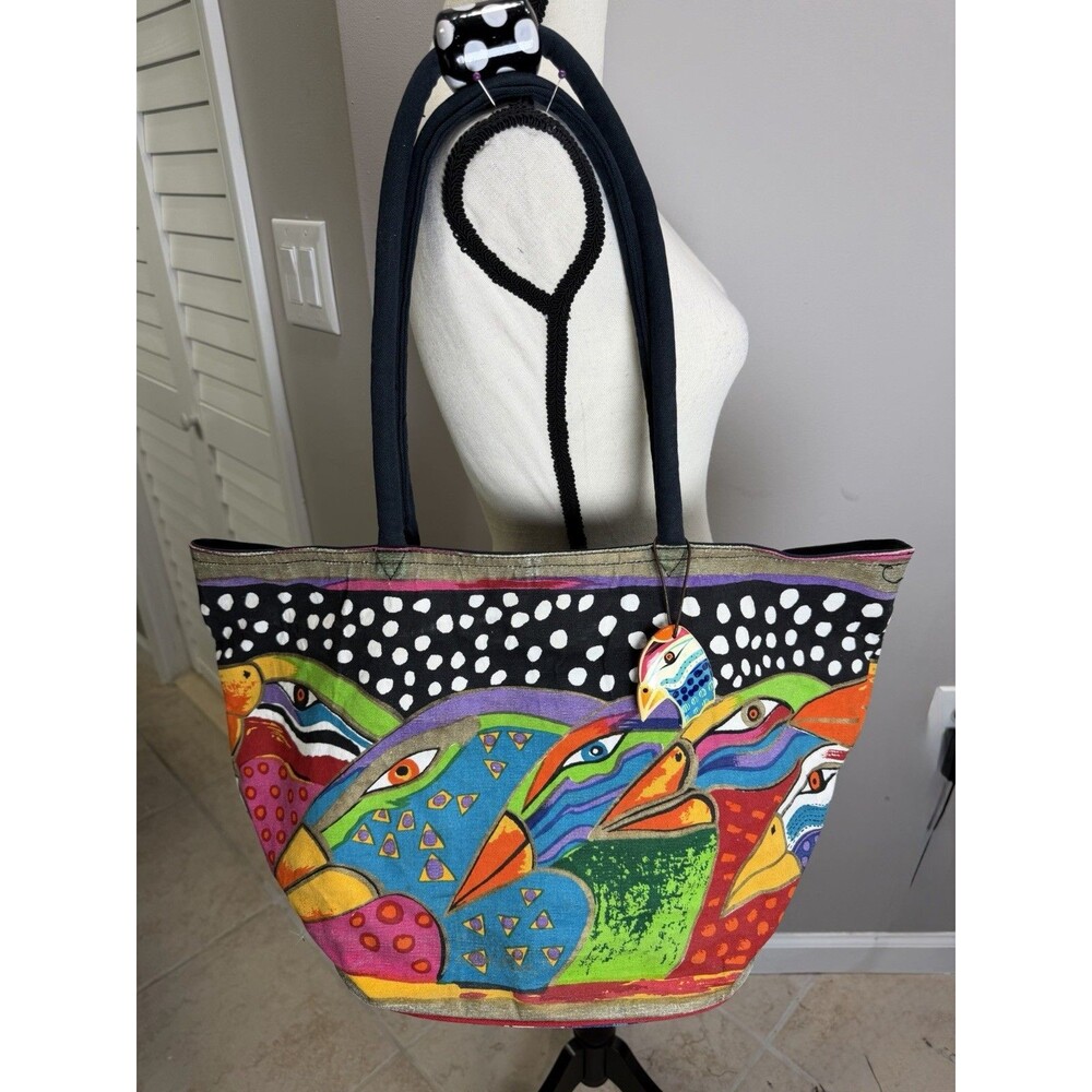 LAUREL BURCH Vintage Large Shoulder Zipper Top Bird Artwork Travel Tote Bag